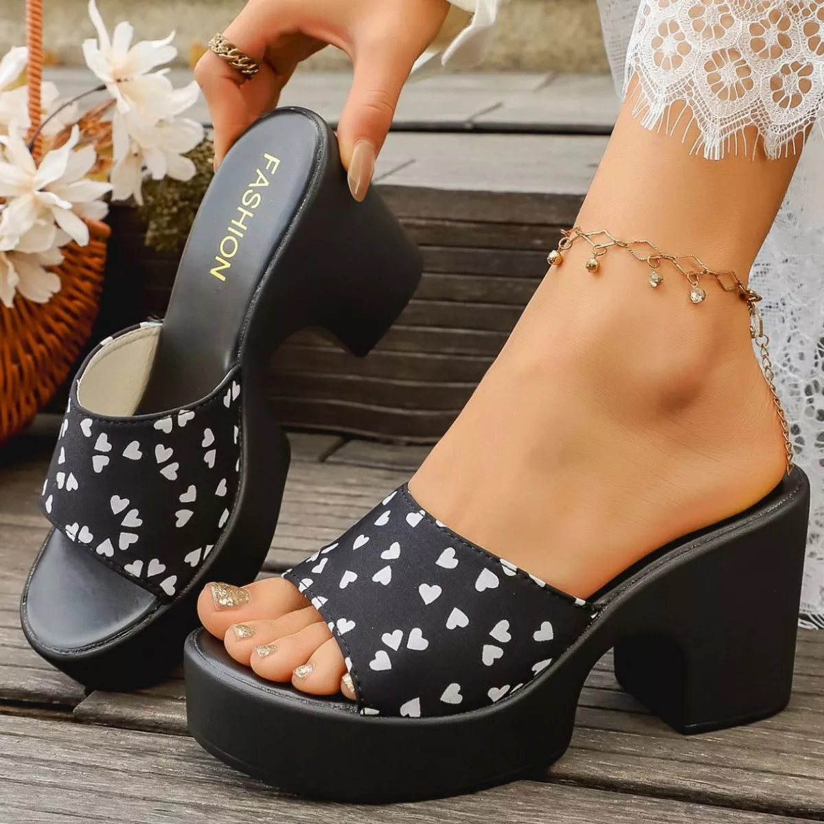 Block Heel Sandals Sweetheart Print
