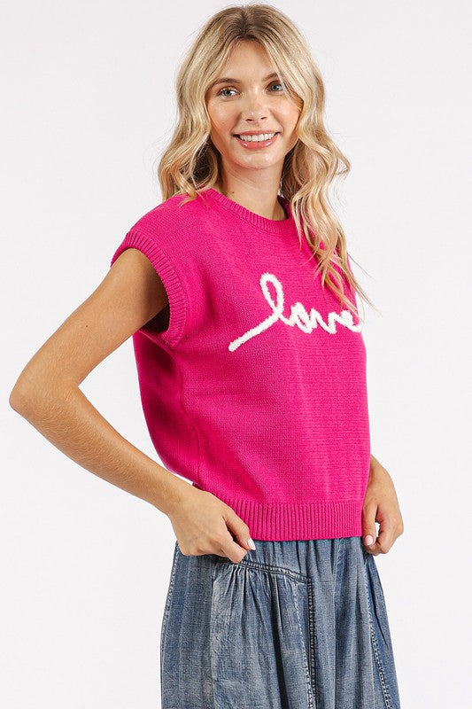 Hot Pink “Love” Knit Cap Sleeve Top