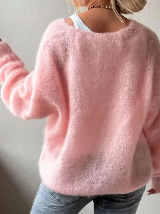 Fluffy Knit V-Neck Long Sleeve Sweater