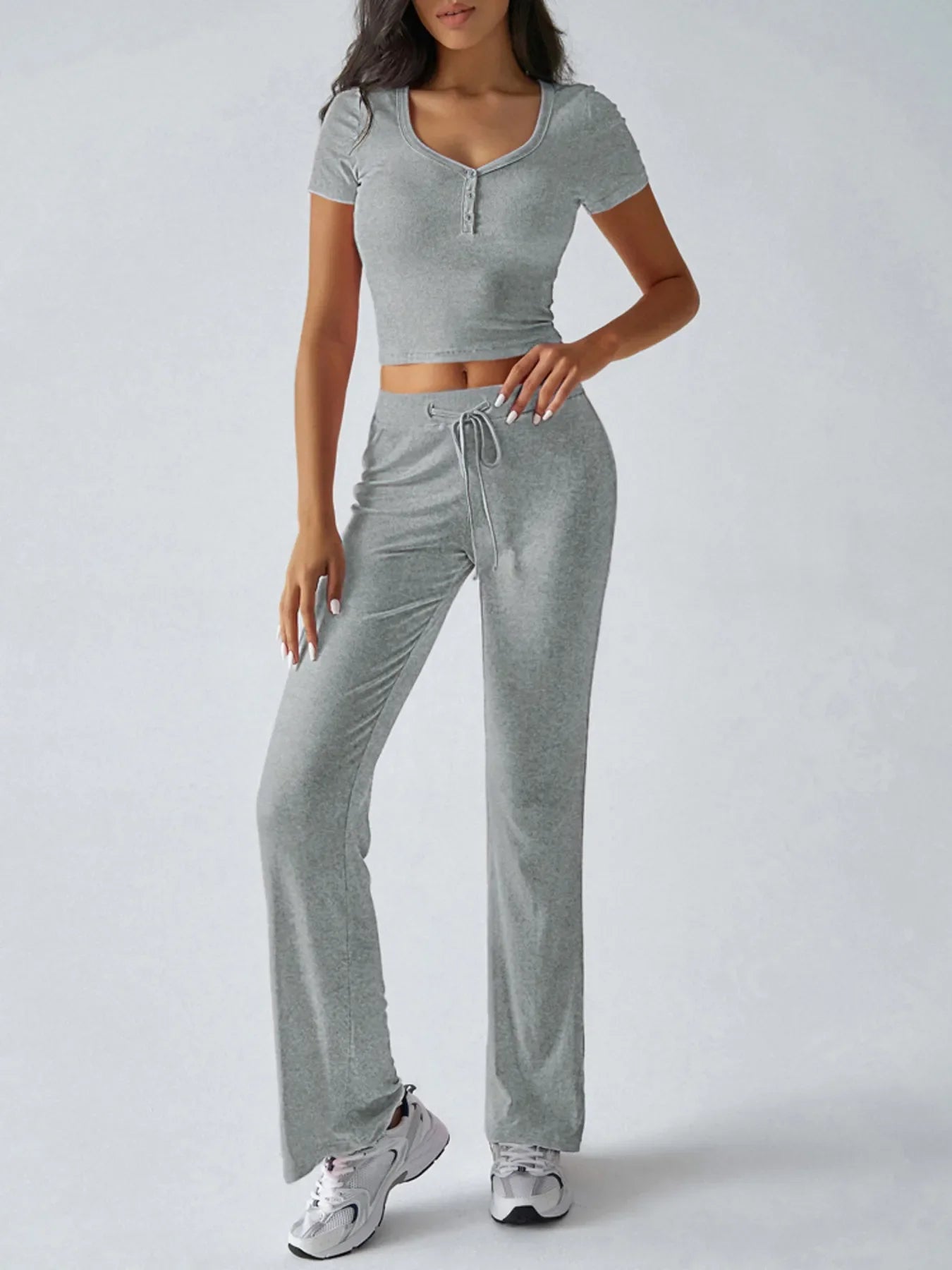 Casual Ribbed Short Sleeve Top and Pants Set