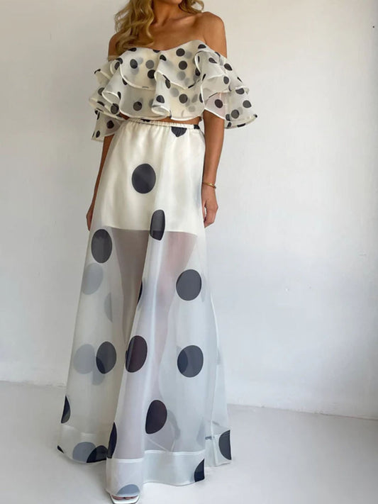 Polka Dot Ruffle Crop Top and Maxi Skirt Set