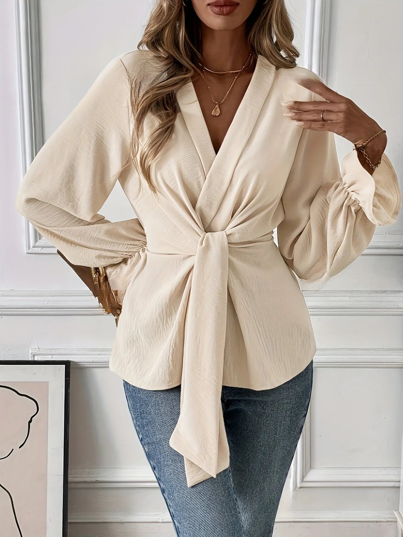 Cream Flounce Long Sleeve Blouse with Front Tie