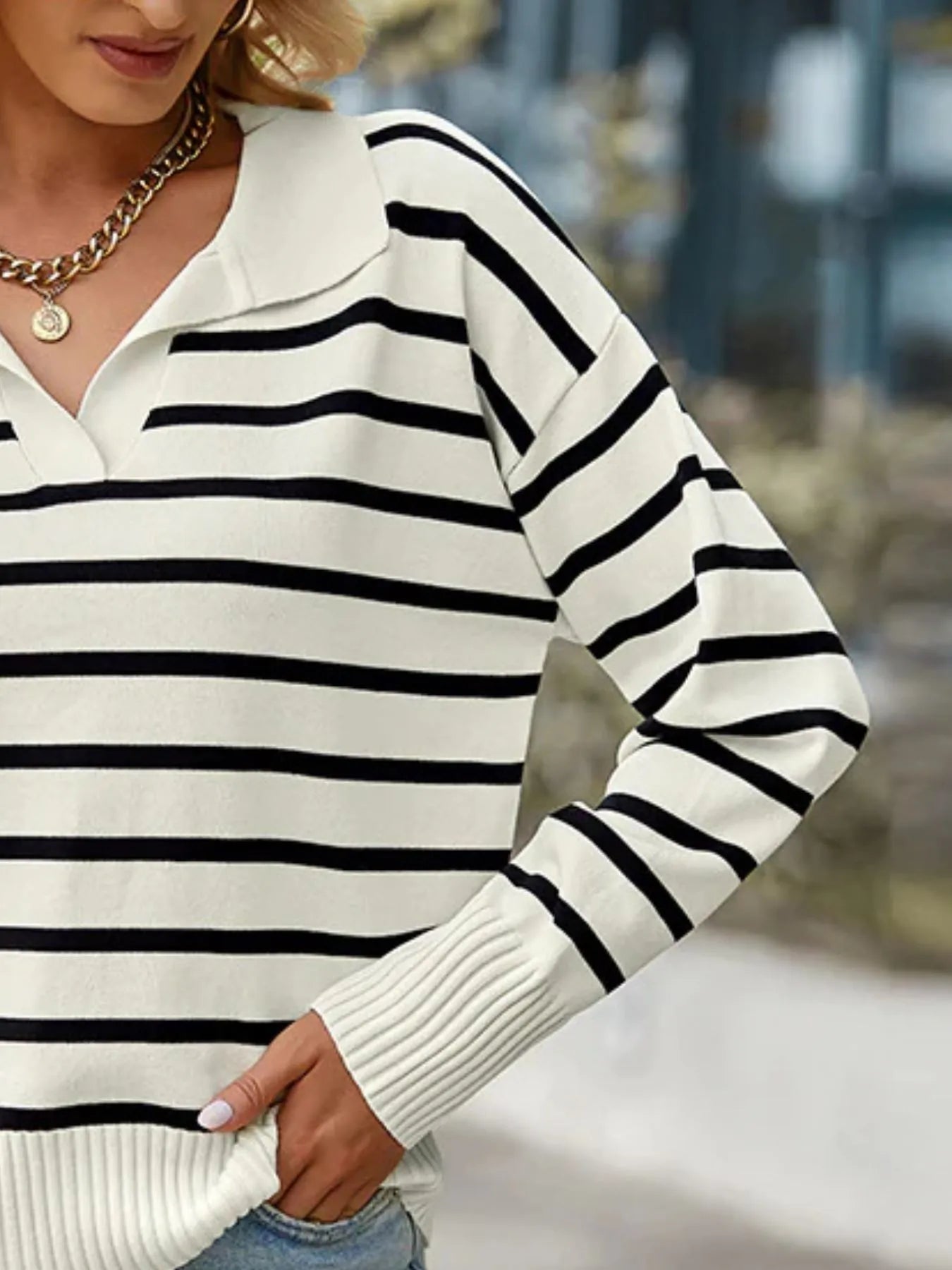 Ribbed Striped Sweater with Long Sleeves