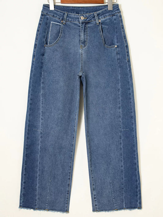 Stitched Raw Hem Wide Leg Loose Jeans