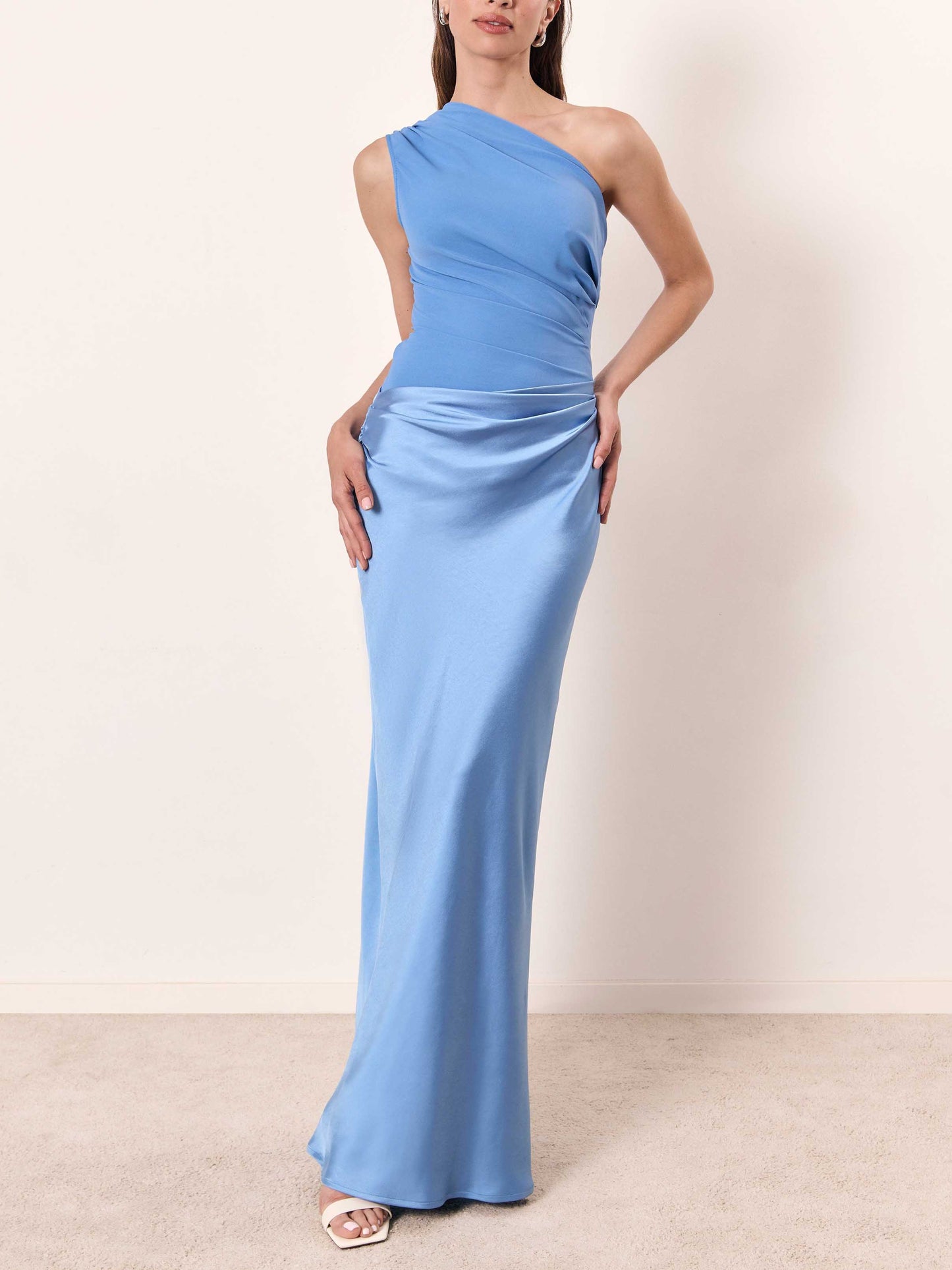 Elegant One Shoulder Neck Pleated Party Maxi Dress Blue