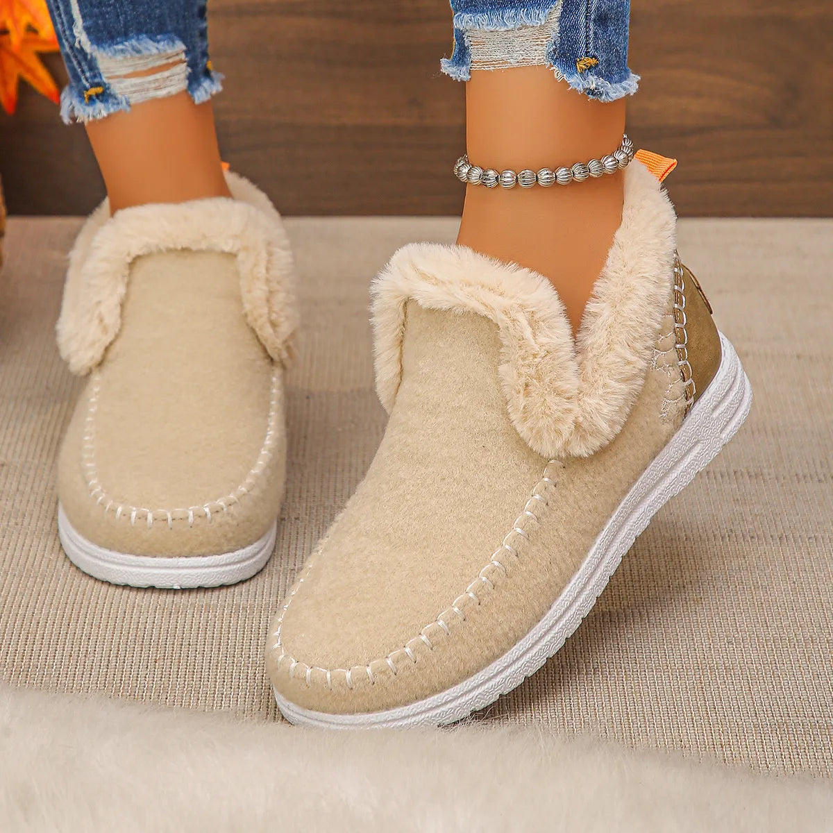 Round Toe Fleece-Lined Ankle Boots – Cozy Winter Boots for Women