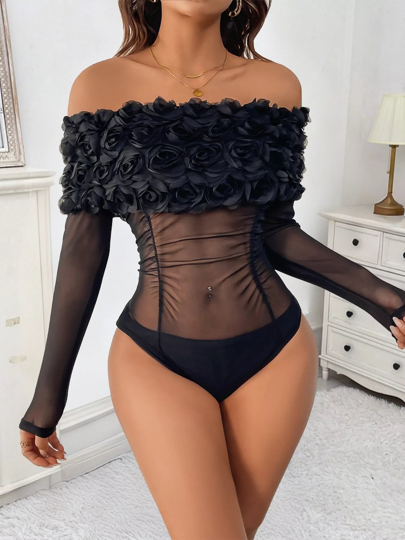 Black Floral Mesh Off-Shoulder Bodysuit for Women – Sheer Sexy Club & Party Top