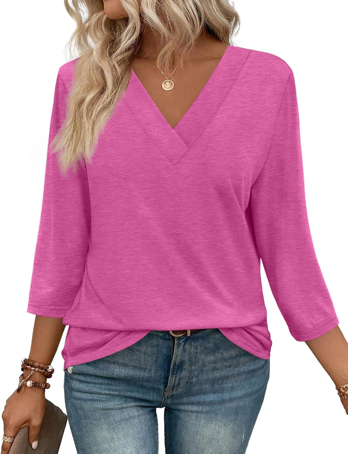 ⏰Hot Sale-Women's V Neck 3/4 Long Sleeve Tops Loose Fit Blouse (Buy 3 Free Shipping)