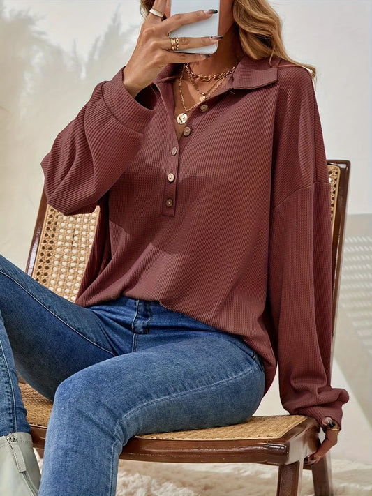 Button-Front Waffle Knit Polo Sweatshirt