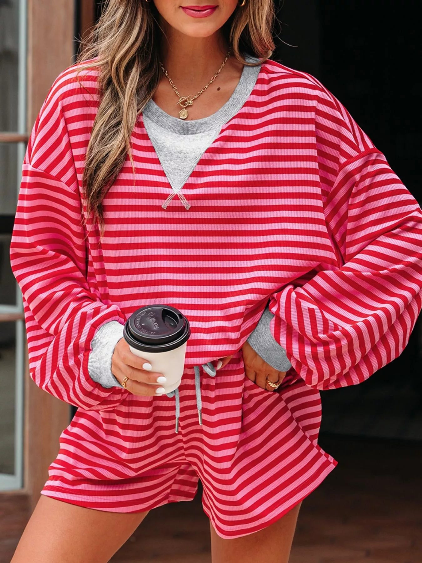 Women's Strawberry Stripe Drop Shoulder Baggy Top & Shorts Set – Casual Lounge Two Piece Outfit