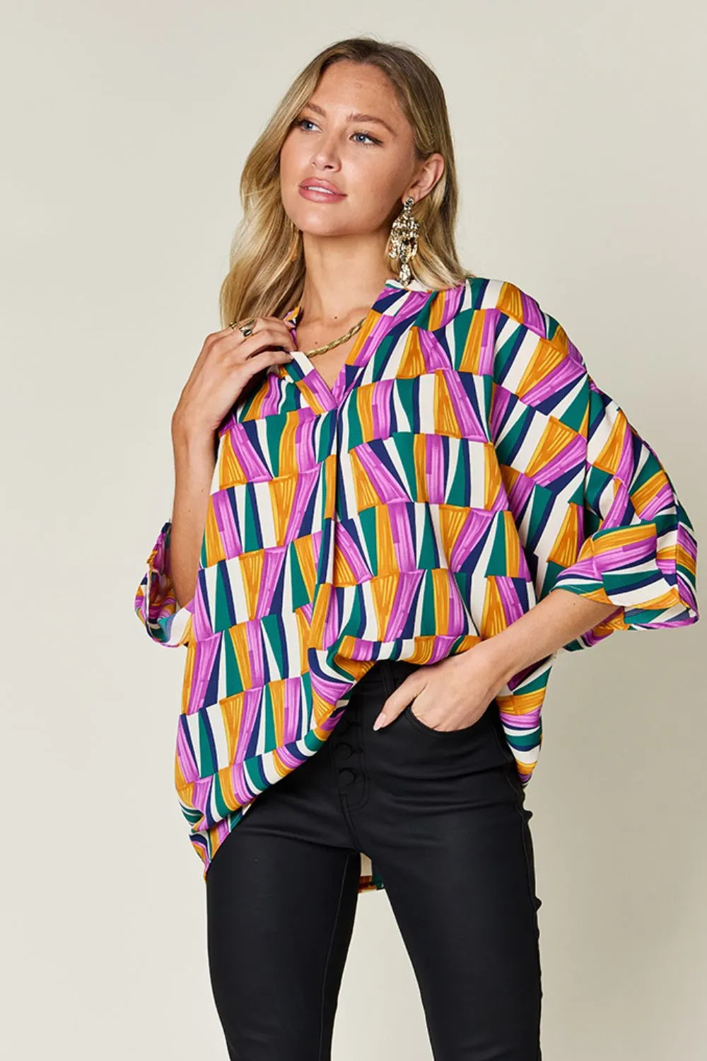 Color Pizazz Notched Dolman Sleeve Top