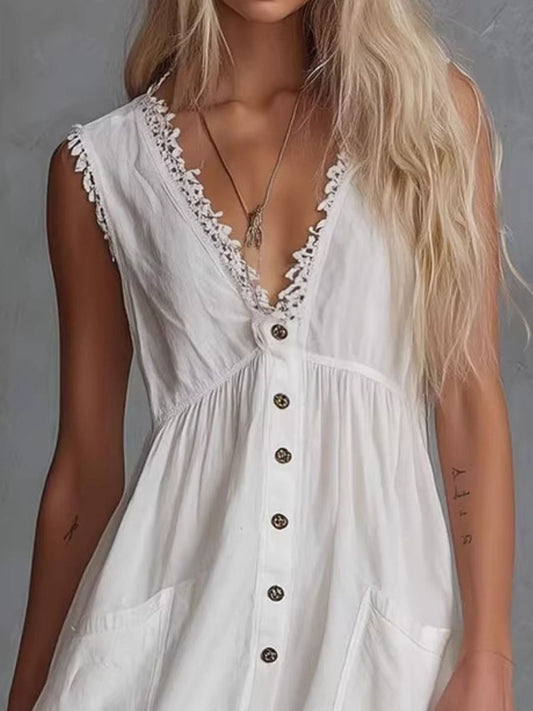 Sleeveless V-Neck Mini Dress with Pockets