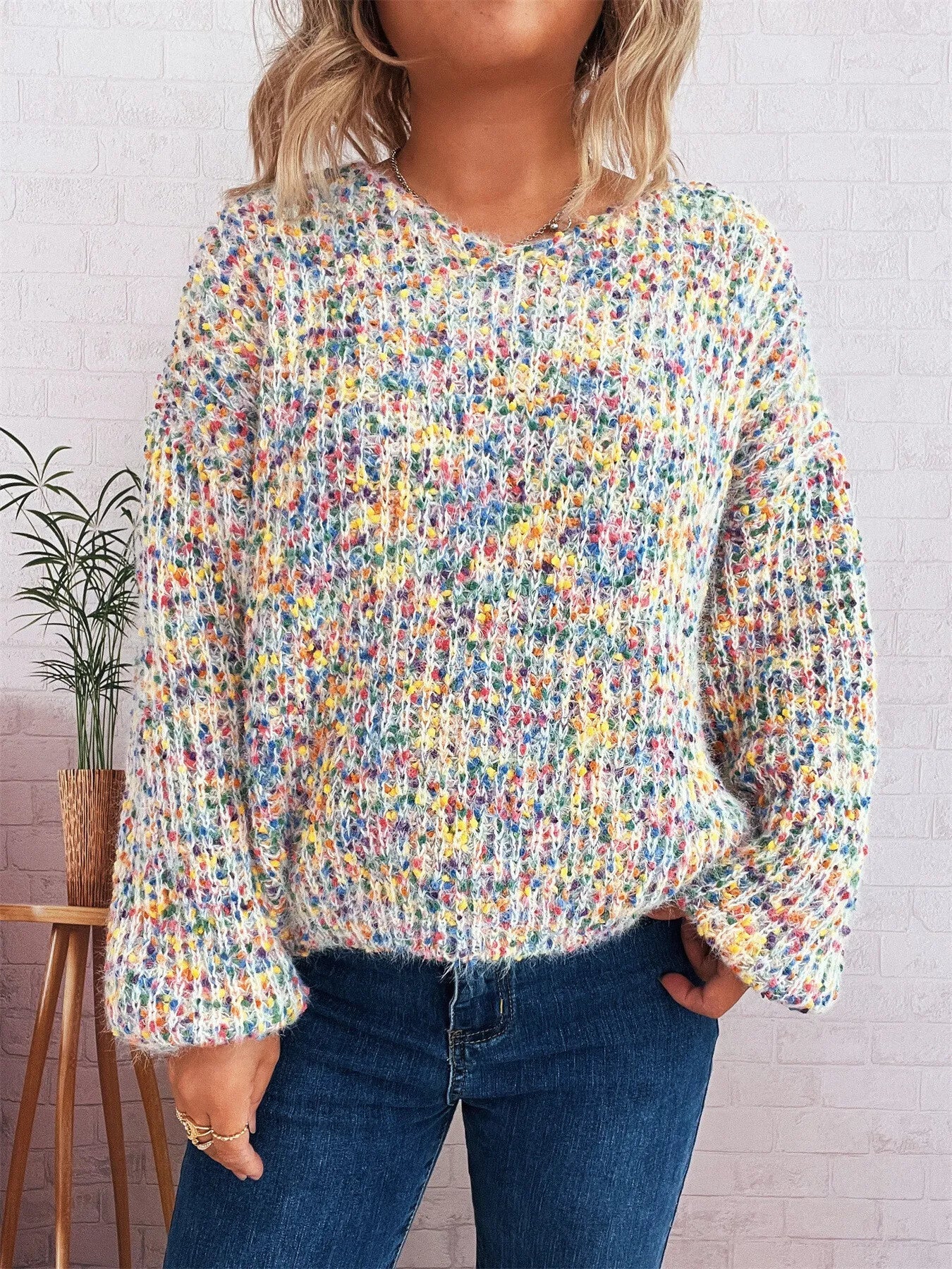 Women’s Colorful Long Sleeve Sweater – Vibrant Knit Pullover for Fall & Winter