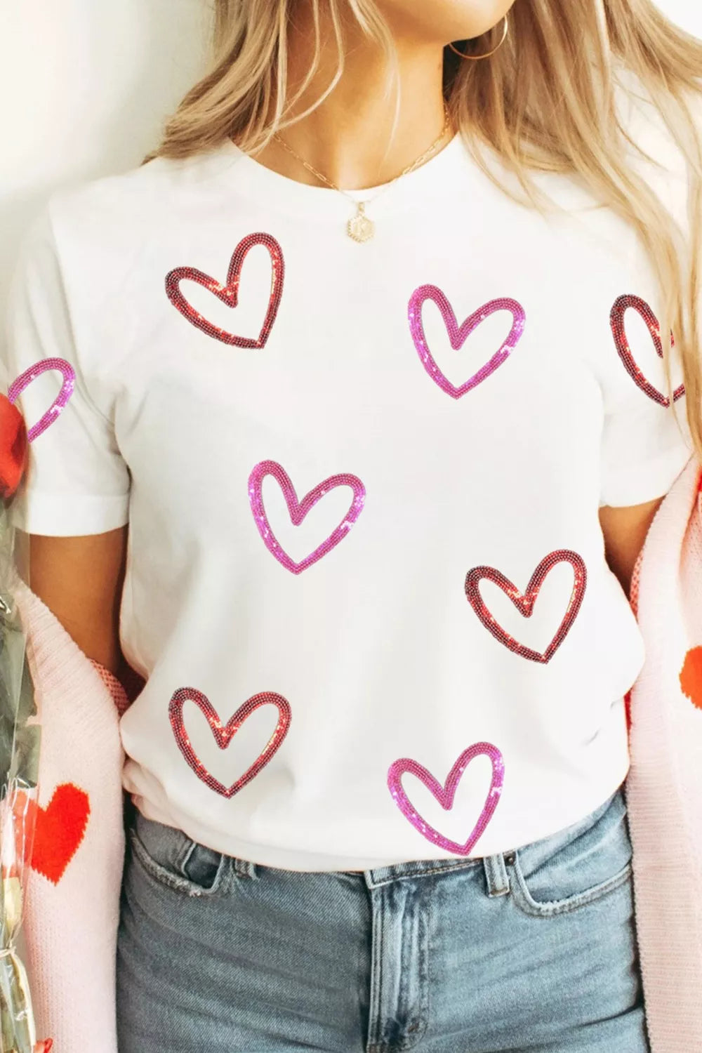 Sequin Heart Short Sleeve Casual Tee