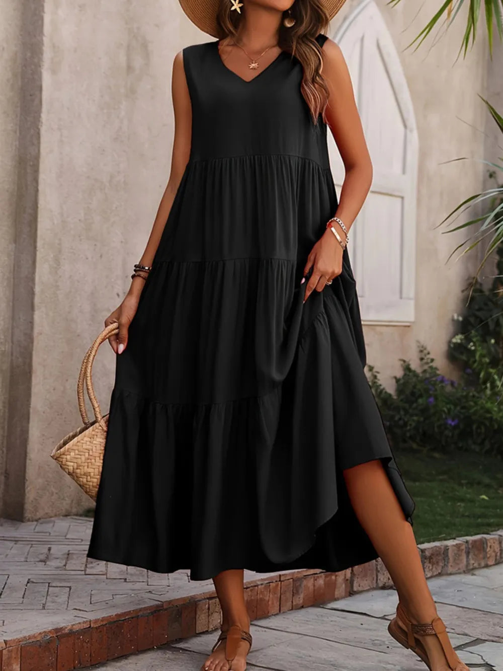 Tiered V-Neck Sleeveless Dress