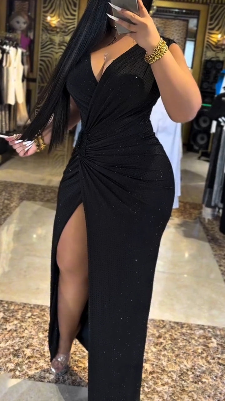 Ladies' V-neck Hot Pressed Diamond Waist Pleat Slit Temperament Casual Dress