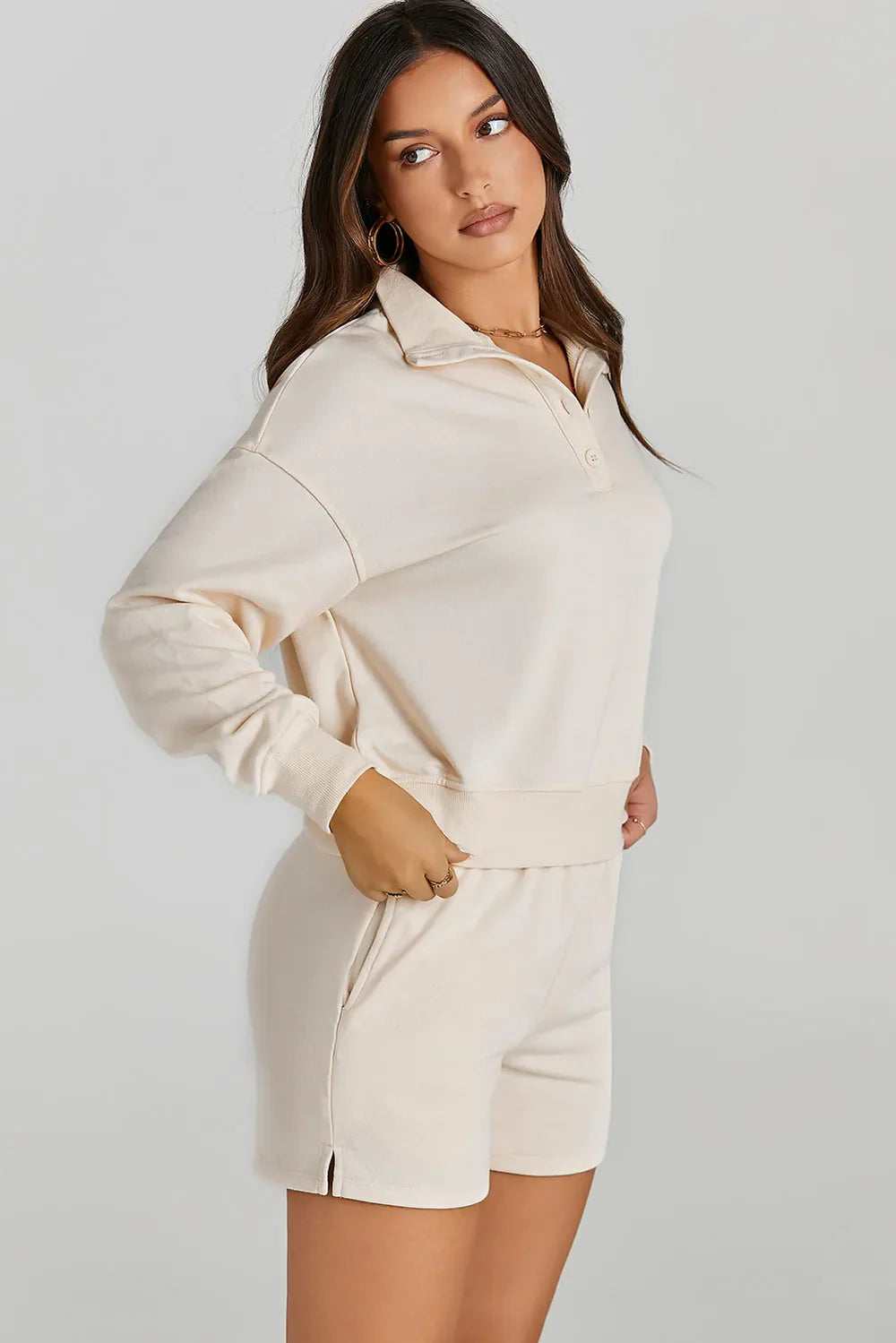 Sweatshirt and Shorts Set – Half Button, Sporty Fit