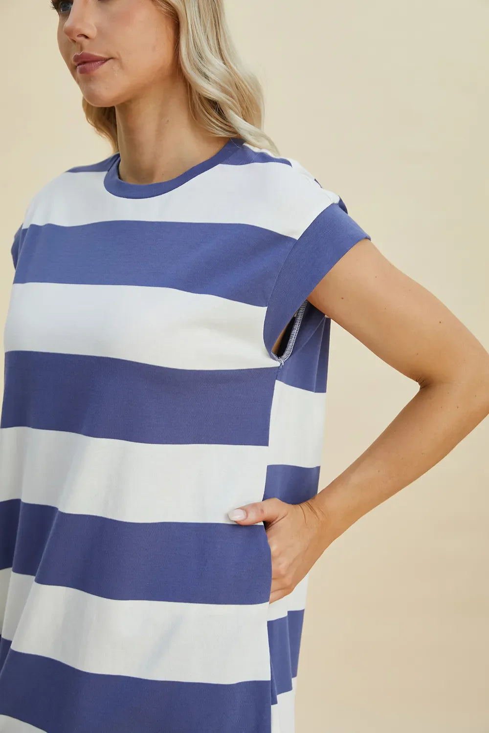 Striped Sleeve Mini Dress = Round Neck