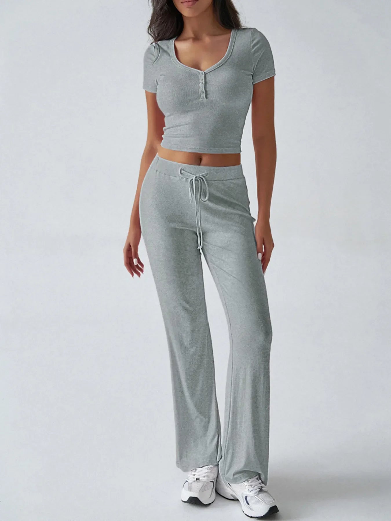 Casual Ribbed Short Sleeve Top and Pants Set