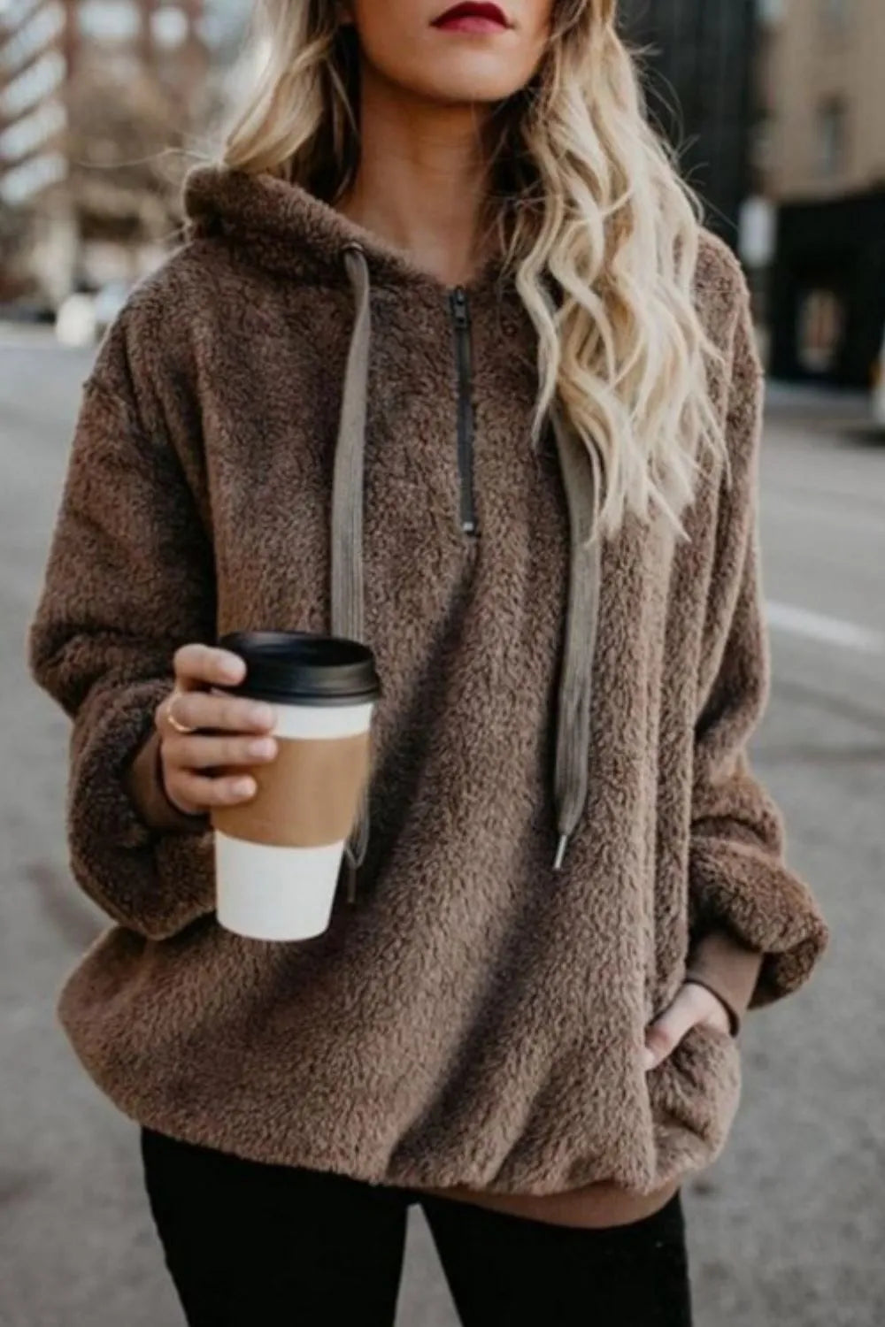 Cozy Quarter-Zip Teddy Hoodie – Full Size, Plush & Playful with Drawstring Style