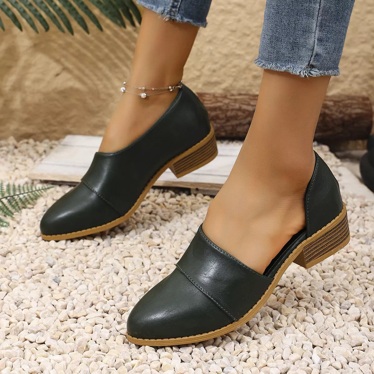 Women’s Pointed Toe Block Heel Loafers – Elegant Slip-On Dress Shoes for Work & Casual Outfits