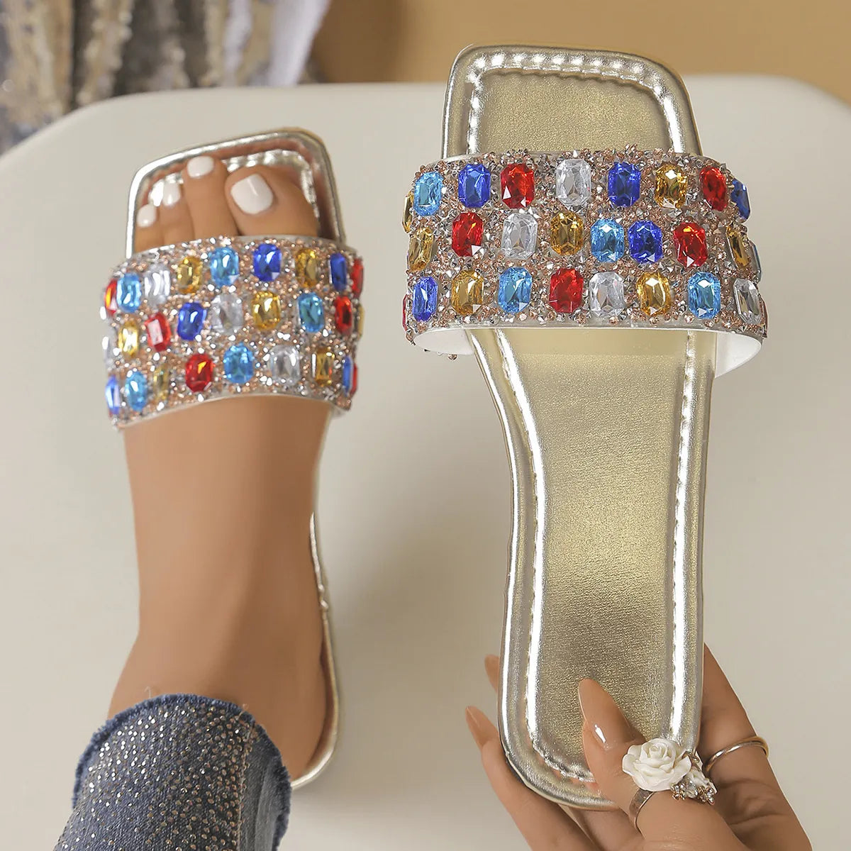 Sparkly Rhinestone Open Toe Flats Sandals