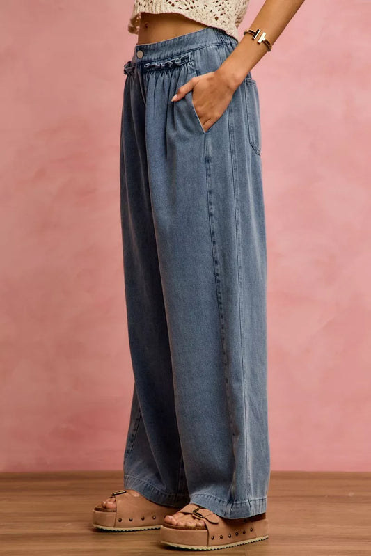 SO ME Mid Rise Ruffled Front Elastic Wide Leg Jeans