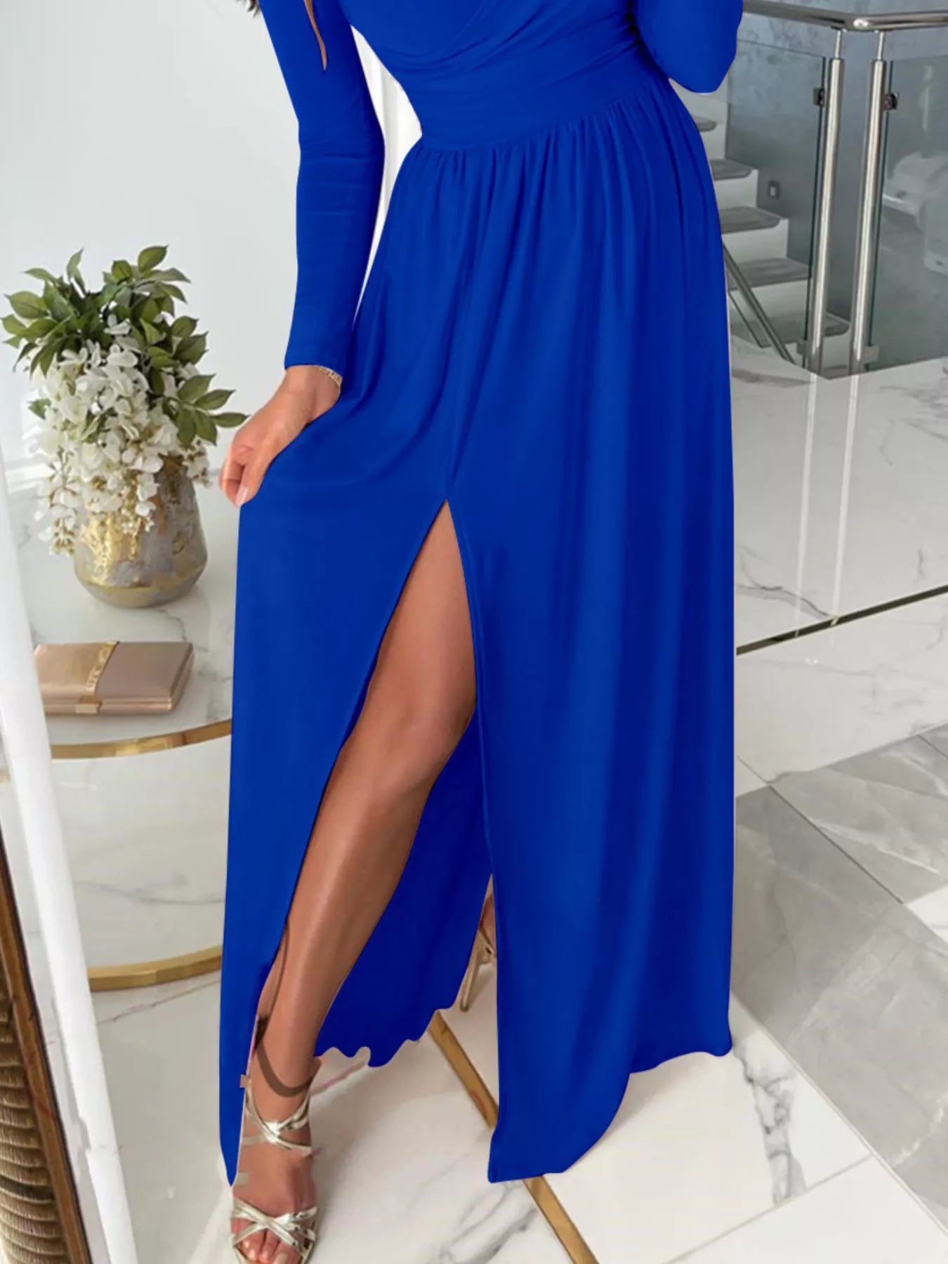 Slit Surplice Cold Shoulder Maxi Dress – Elegant Evening Wrap Dress for Women