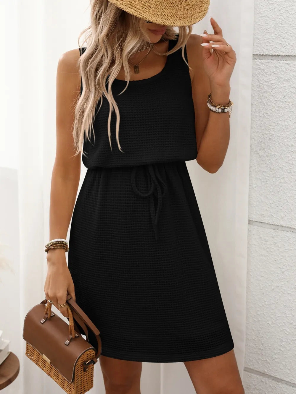 Waffle Mini Dress - Drawstring