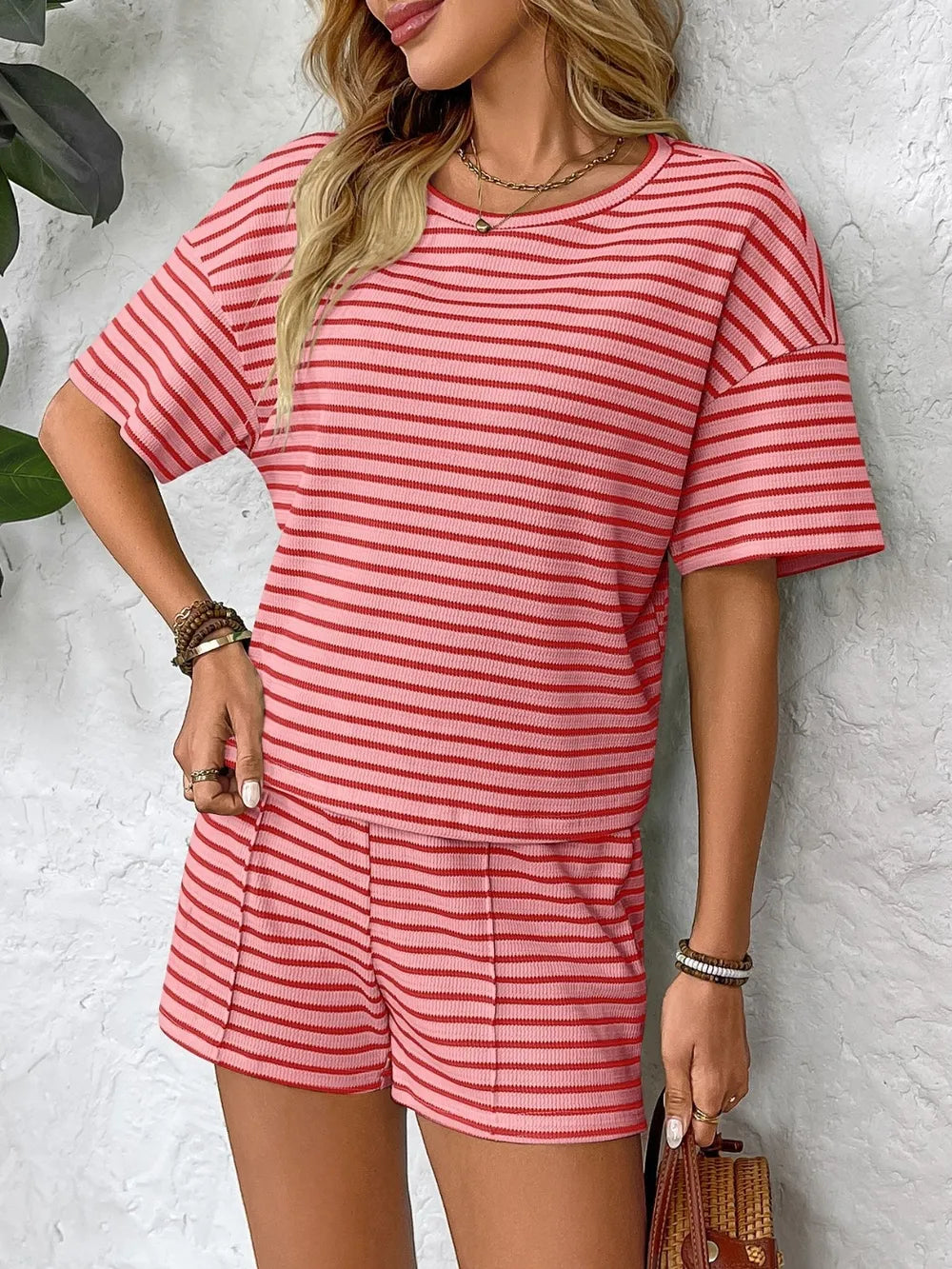Striped Shorts Set - Round Neck