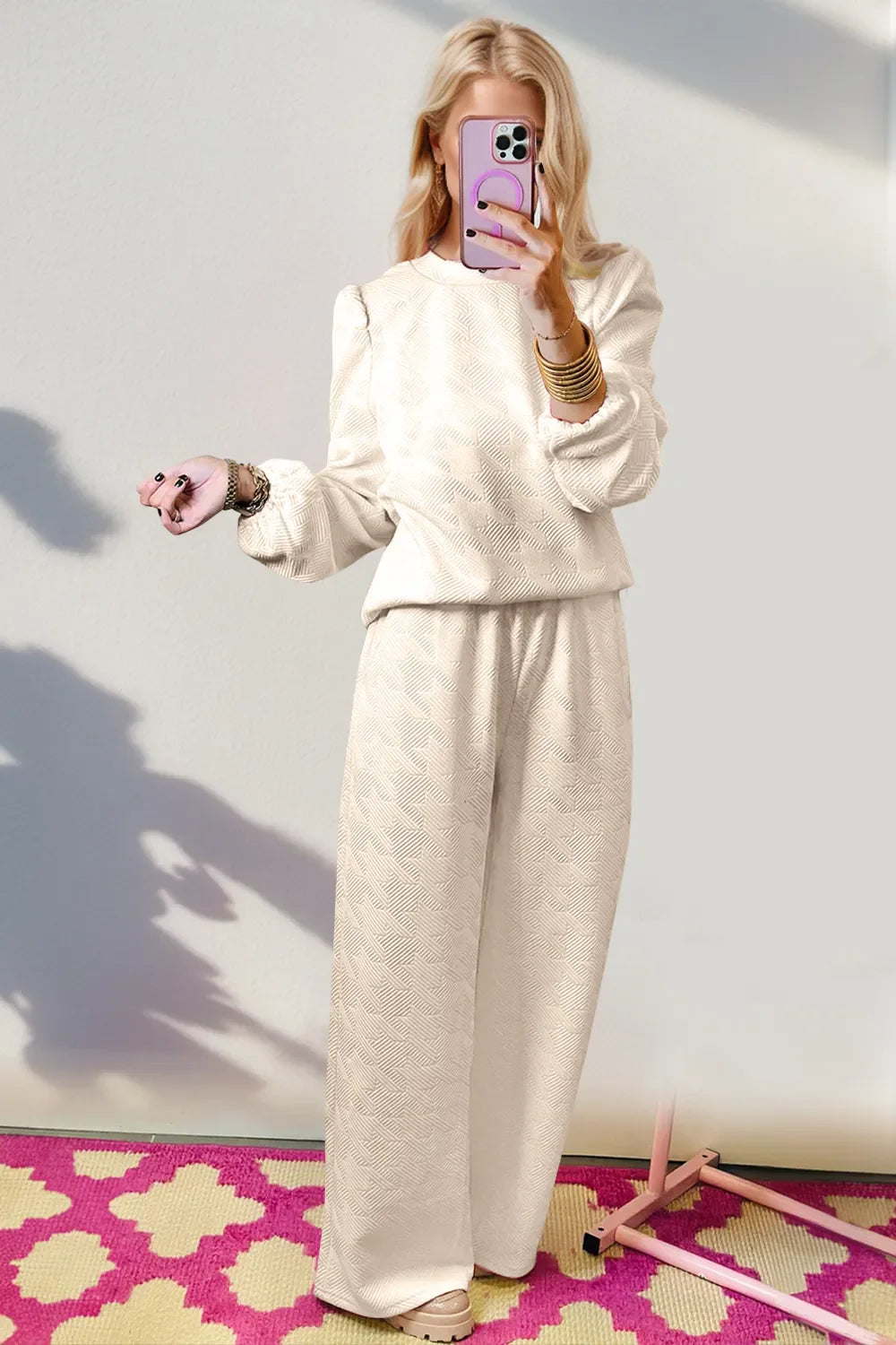 Chic Textured Long Sleeve Top & Wide Leg Pants Set – Double Take Women’s Loungewear