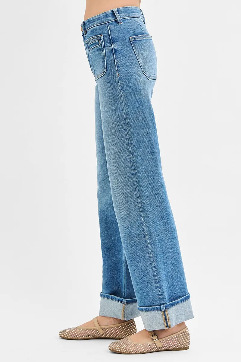 Wide Patch Pocket Cuff Jeans – Plus Size, Mid Rise