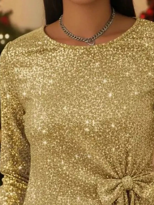 Full Size Sequin Bow Round Neck Top Plus Size