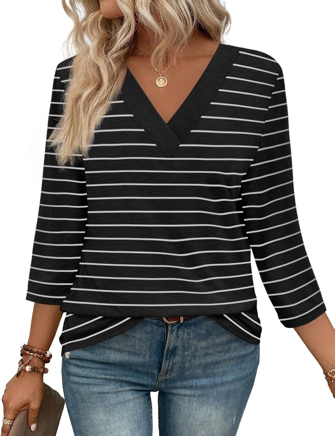 ⏰Hot Sale-Women's V Neck 3/4 Long Sleeve Tops Loose Fit Blouse (Buy 3 Free Shipping)