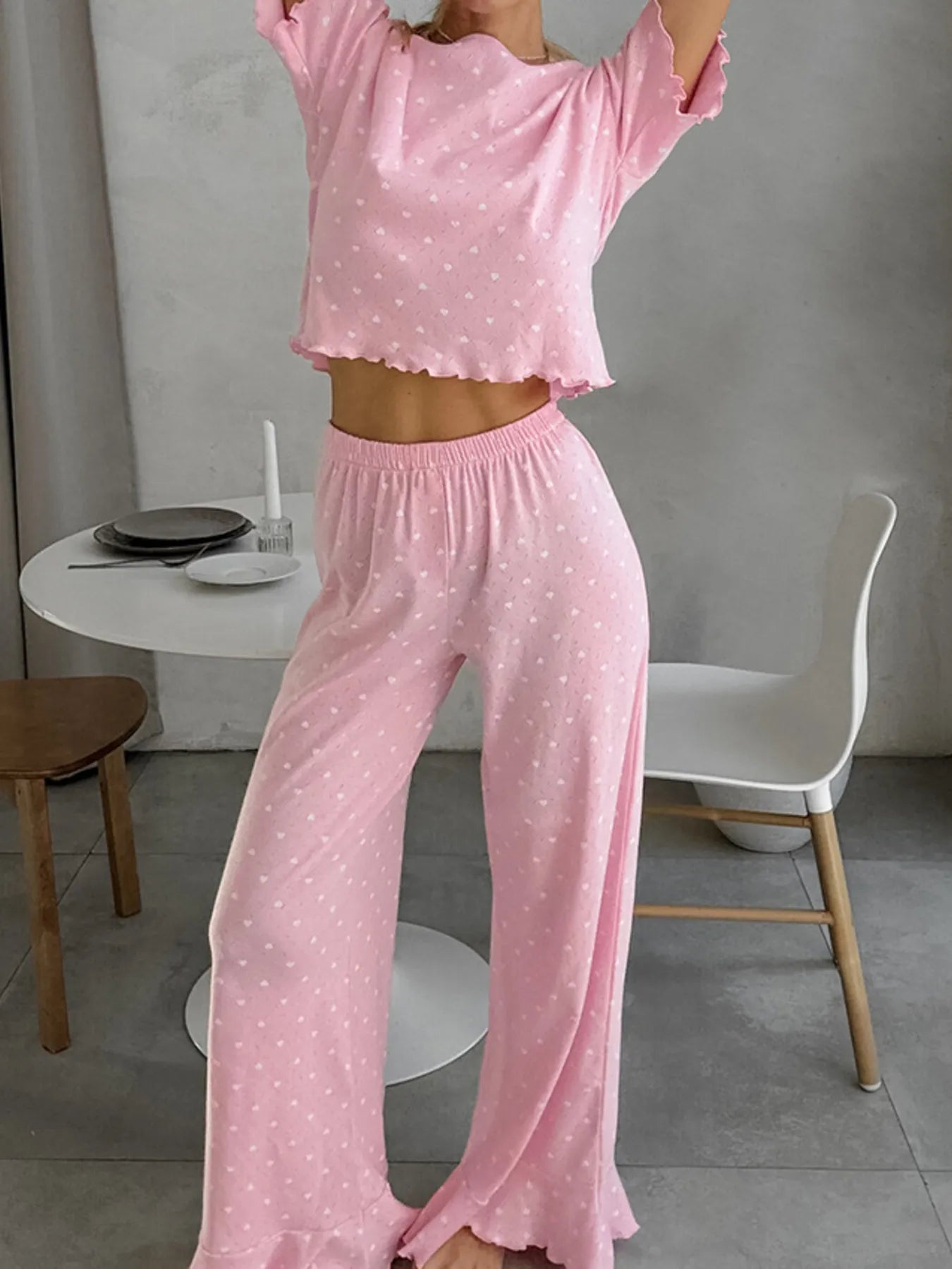 Sweet Pink Polka Dot Lounge Set – Soft Round Neck Top & Pants