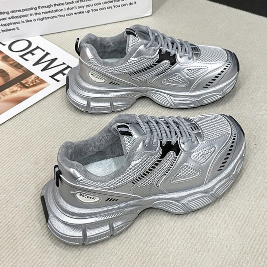 Silver Lace-Up Platform Athletic Shoes – Sporty Shine