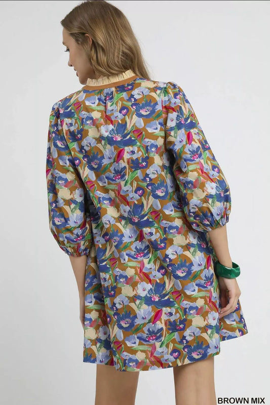 Women’s Boho Floral Balloon Sleeve Mini Dress – Vintage Ruffle Hem Short Dress