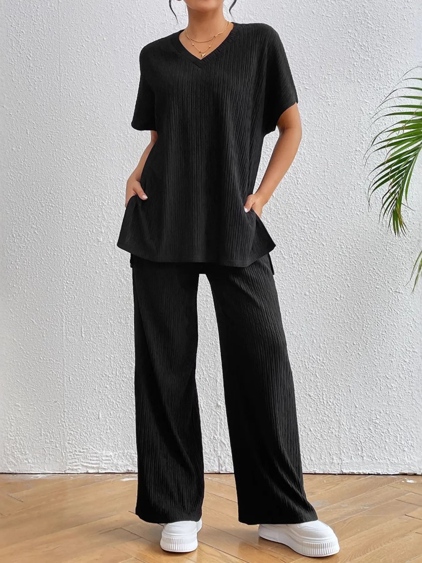 Black Classic V-Neck Two-Piece Set