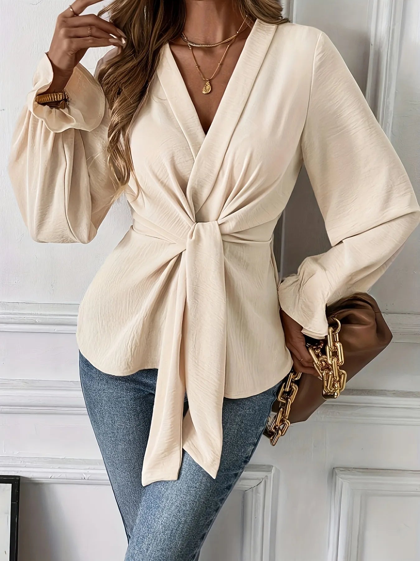Cream Flounce Long Sleeve Blouse with Front Tie