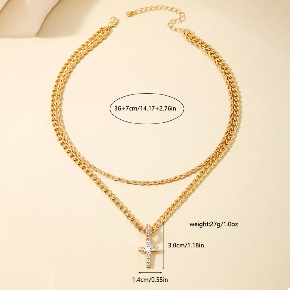 Layered Gold Chain Cross Pendant Necklace