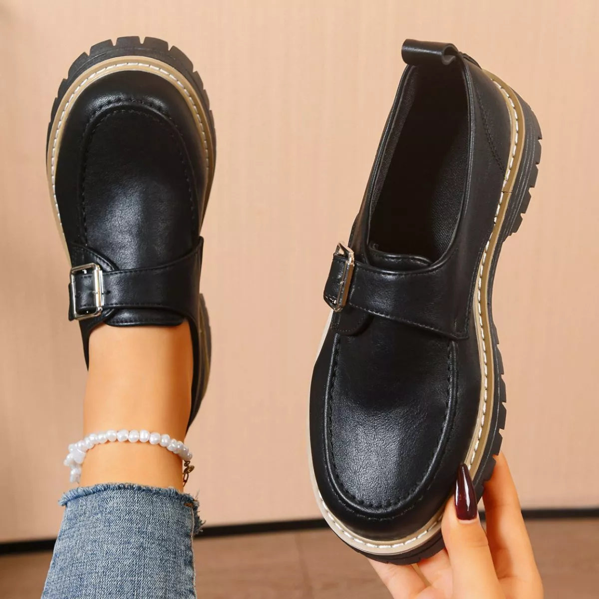 Round Toe Buckle Loafers