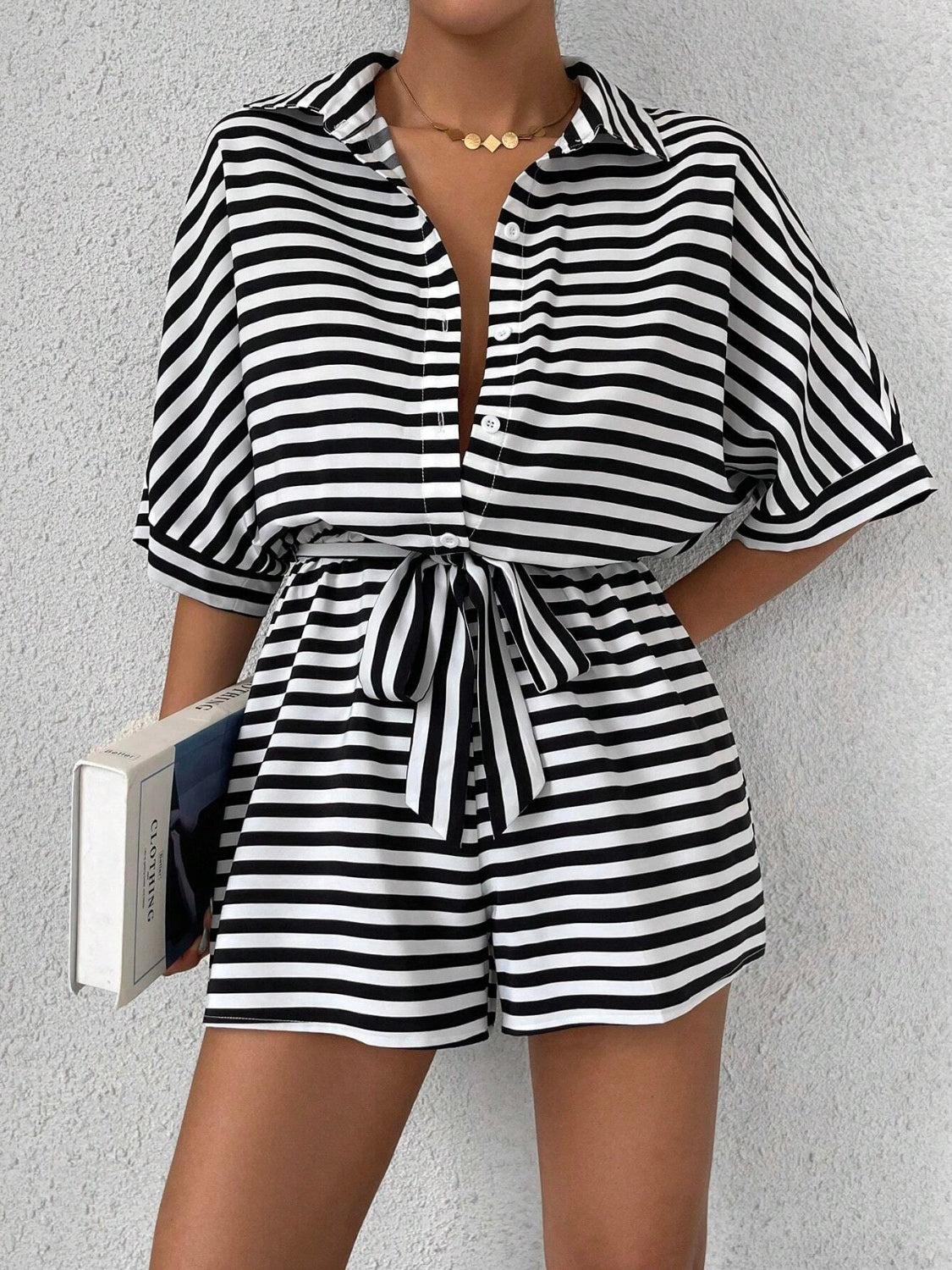 Striped Romper - Tie Waist