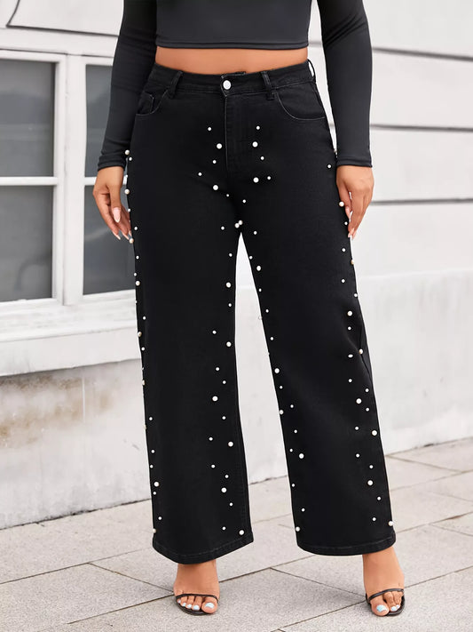 Plus Size Pearl Embellished Wide Leg Jeans