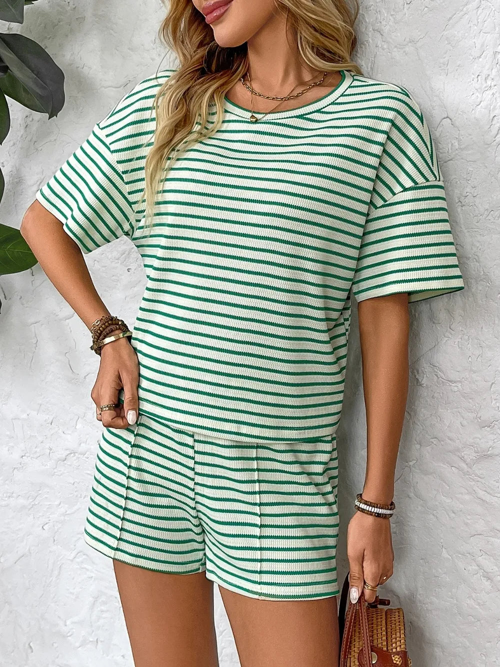 Striped Shorts Set - Round Neck