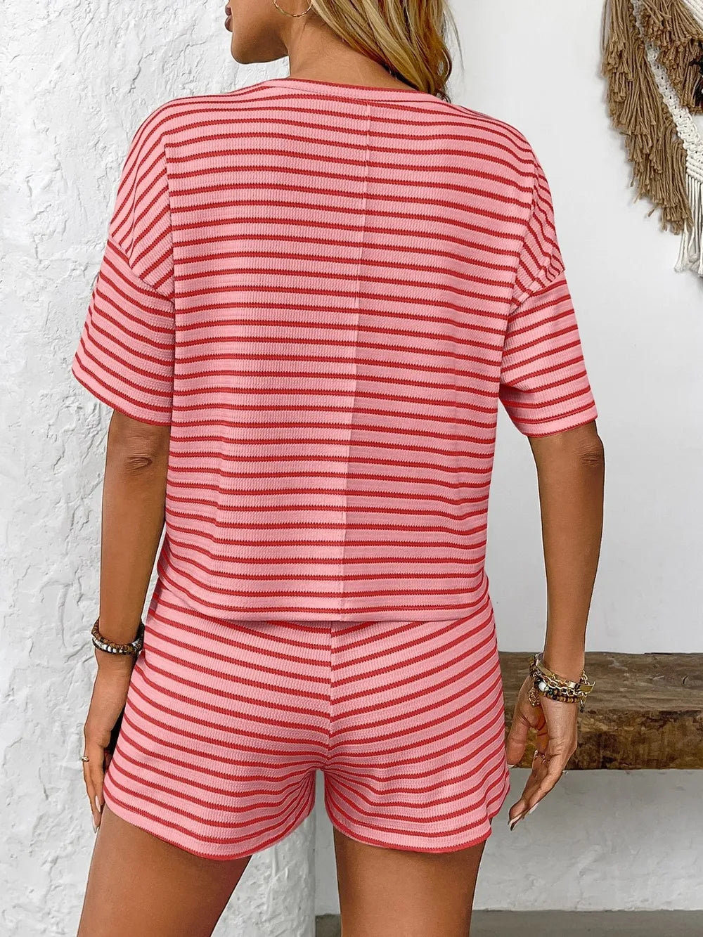 Striped Shorts Set - Round Neck