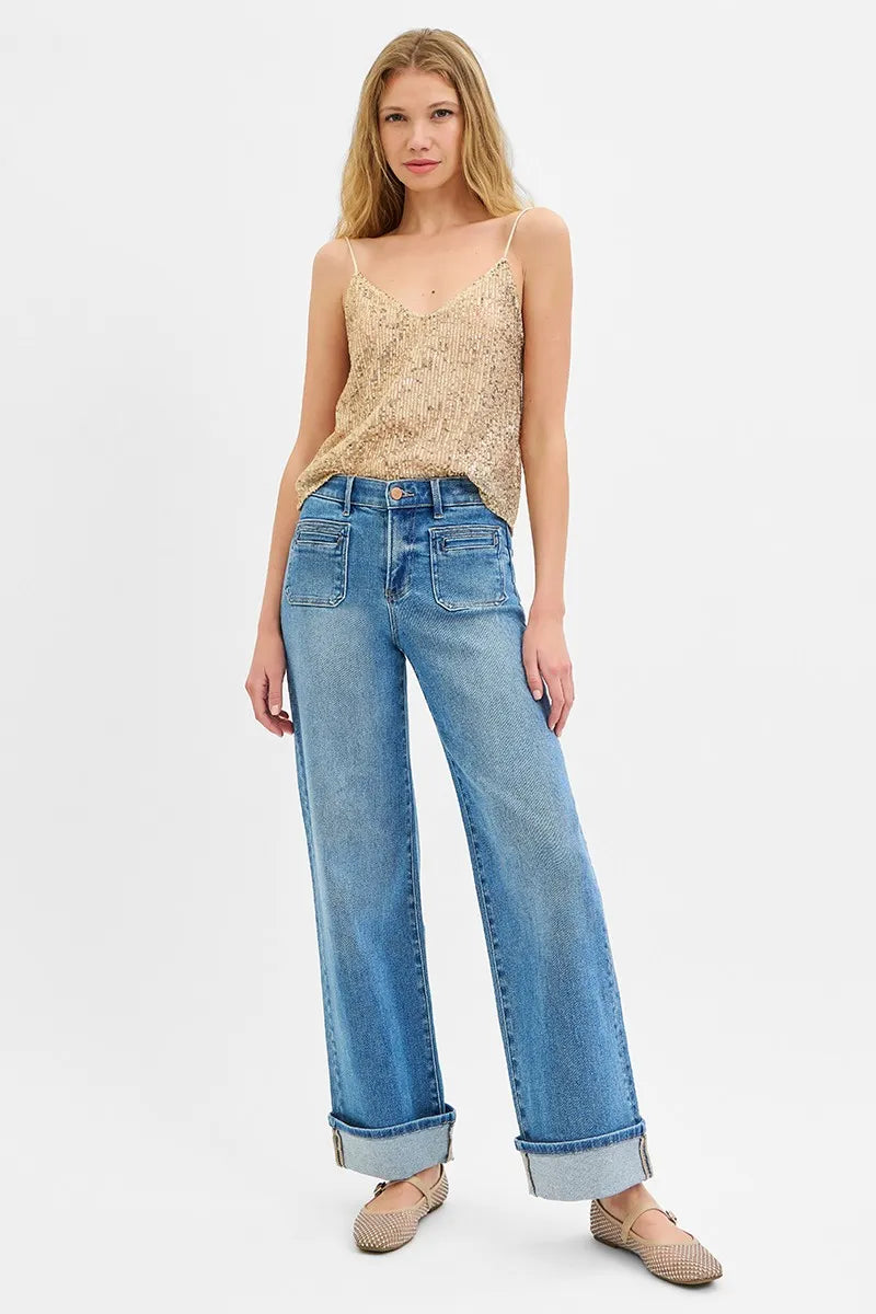 Wide Patch Pocket Cuff Jeans – Plus Size, Mid Rise
