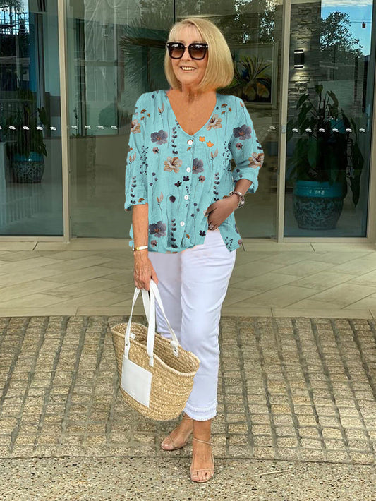 Elodie™ – Floral Blouse With Soft Drape Blue
