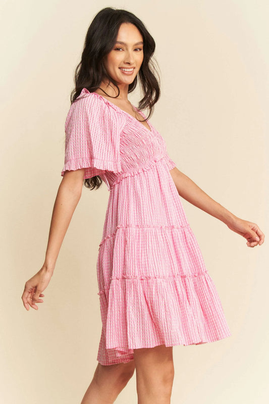 Pink Smocked Checker Tiered Dress
