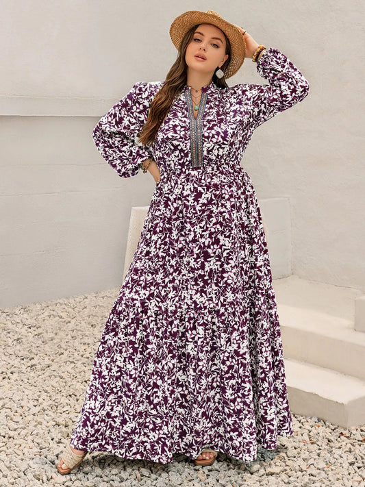 Plus Size Floral Print Maxi Dress with Long Sleeves
