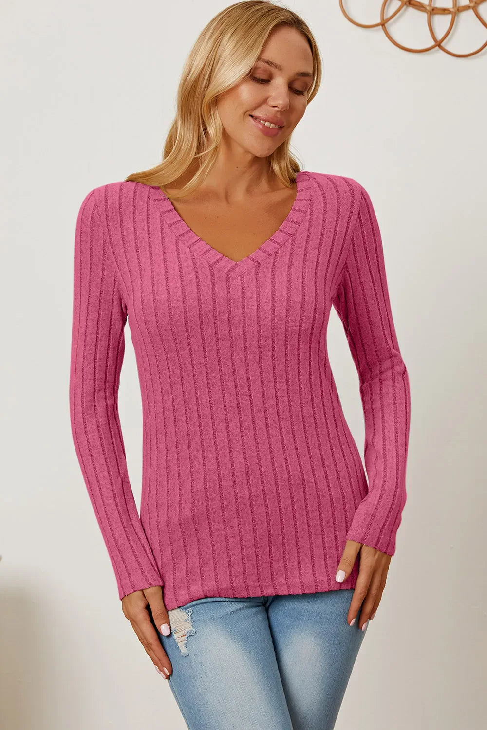 Comfy Ribbed V-Neck Long Sleeve Tee
